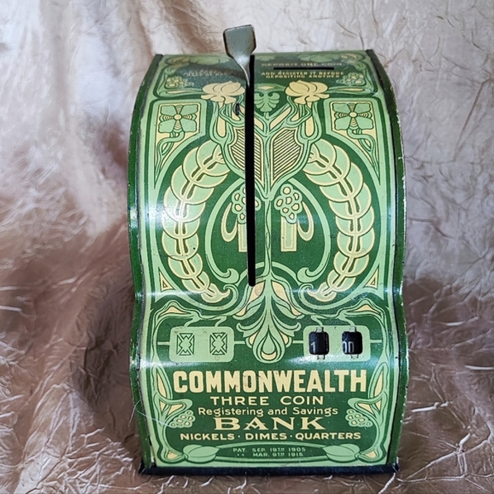 Mechanical Advertising Art Nouveau 1915 Commonwealth Metal Litho Antique Bank